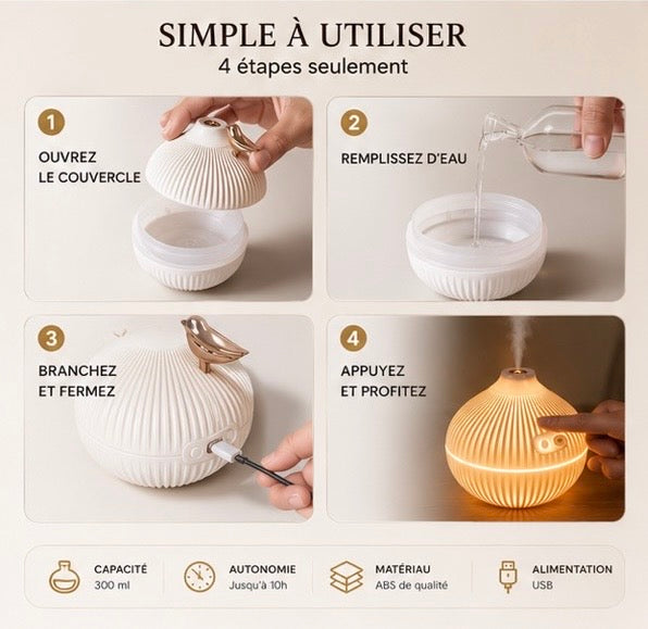 Humidificateur Diffuseur d’Ambiance Oiseau – Brume & Lumière LED